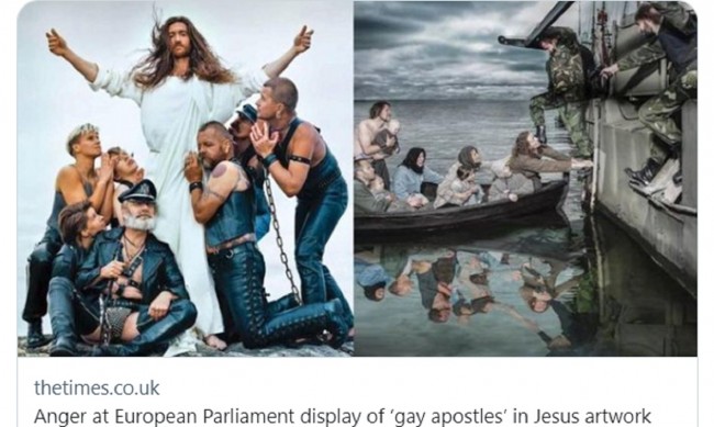 БОГОХУЛСТВО: Снимка на Исус, заобиколен от гей апостоли цъфна в Европейския парламент